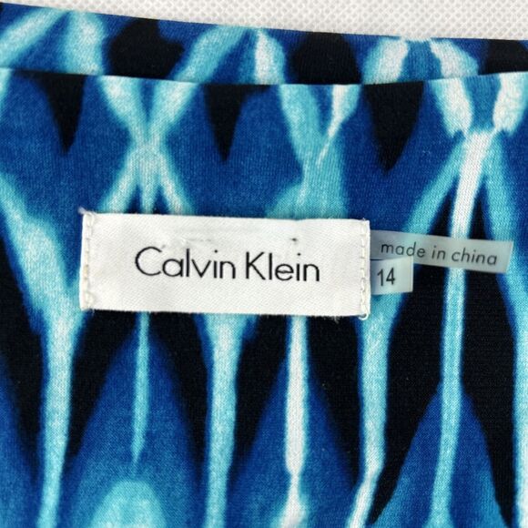 Calvin Klein Size 14 Blue Dress Kimono Flutter Sleeve Geometric Drawstring - Picture 6 of 11